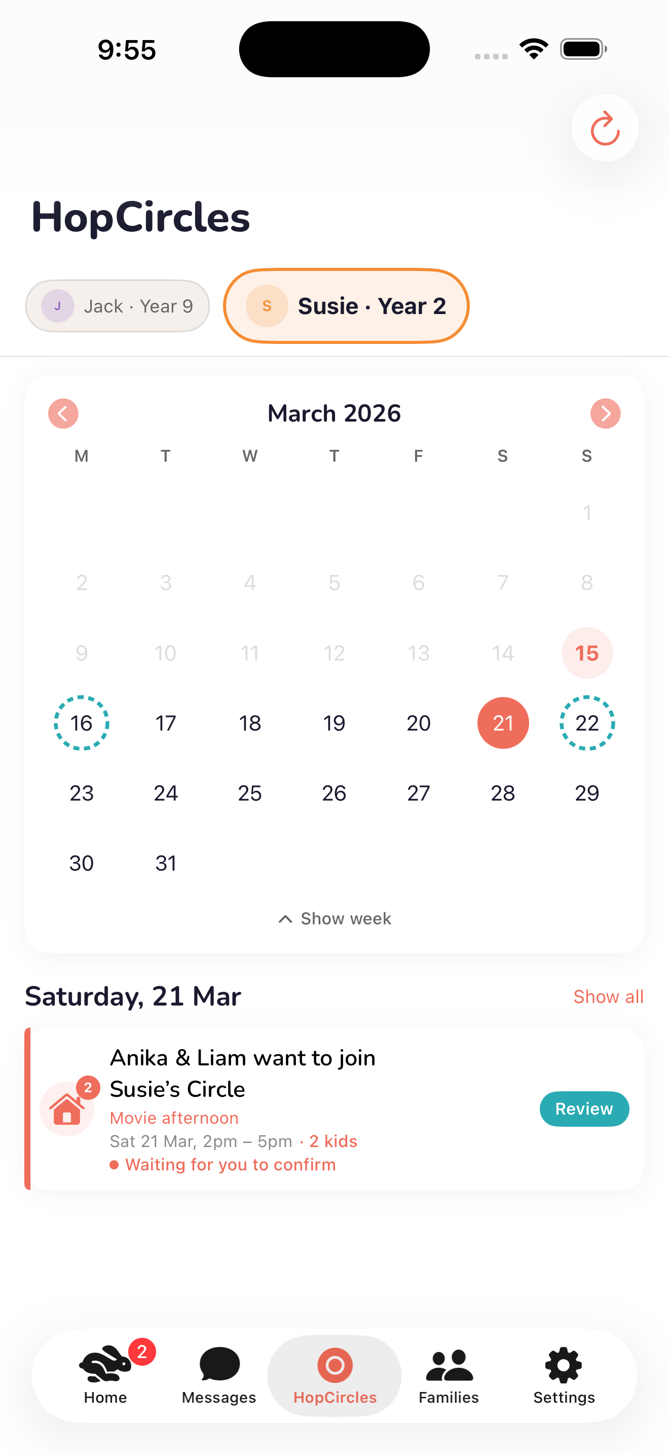 HopCircles calendar showing upcoming playdates